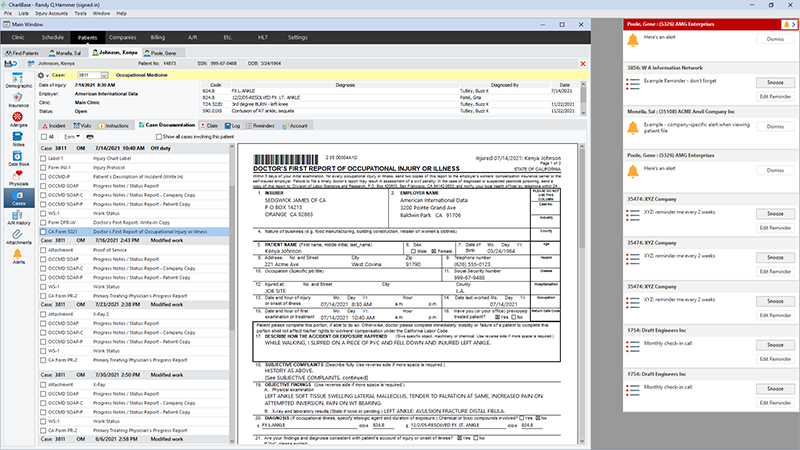 Left: Overview of the work status and chart note history of a patient injury case. Right: Alerts and reminders can be configured to display as desired.